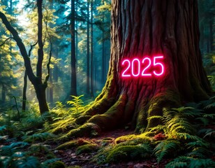 Illuminated 2025 Sign on a Majestic Tree Root in a Lush Forest Setting with Soft Sunlight Filtering Through the Canopy