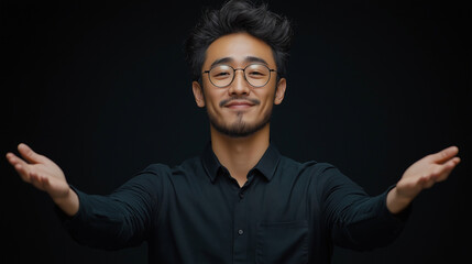 Obraz premium man with dark hair, glasses, and a black shirt is smiling and has his arms open wide