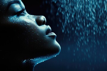 Side profile of an african female adult with water droplets in blue light
