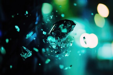 Crystallized fragments in motion against vibrant teal background