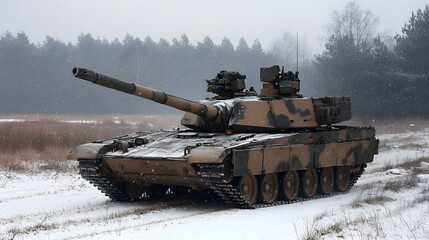 A U.S. Army base in Poland conducting winter maneuvers with tanks in snowy fields.