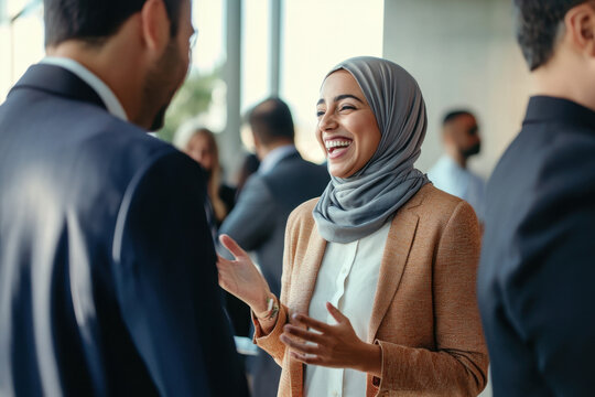Smiling Muslim businesswoman sharing and talking during a networking event
