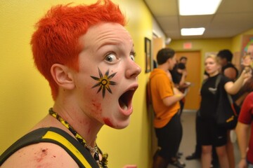 Fototapeta premium Excited young caucasian female with red hair and face paint in hallway gathering