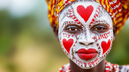 Naklejka premium Participants engage in a colorful body painting ritual symbolizing love in an African tribal ceremony