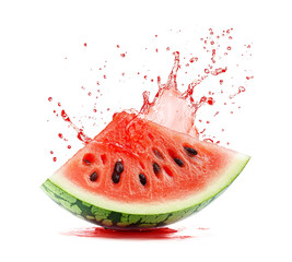 Watermelon slice in juice splash  on transparent background.
