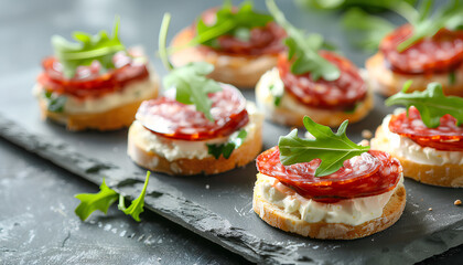 Tasty canapes with salami, greens and cream cheese on grey table, closeup. Space for text