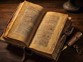 Antique Book  Aged Manuscript  Vintage Text  Leather Bound  Old Paper  Wooden Table