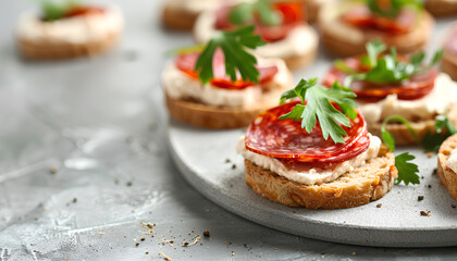 Tasty canapes with salami, greens and cream cheese on grey table, closeup. Space for text