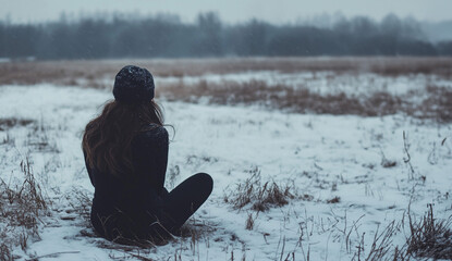 Woman sitting alone looking over a winter landscape on a dark winter day 