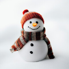 Cheerful snowman wearing a cozy red and gray knitted hat and scarf, smiling in the winter snow.