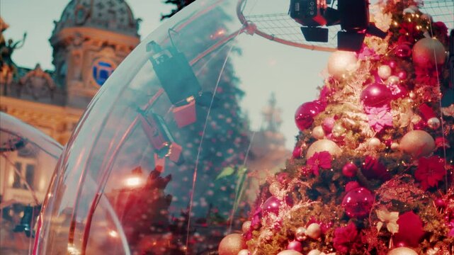 Big Christmas decorations in bubbles in the courtyard of the Monte Carlo Casino