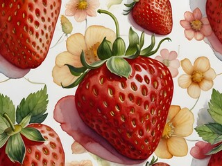 Watercolor Strawberries   Flowers Seamless Pattern