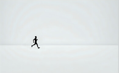 silhouette of a person running in a huge big white room or area. minimal achievement concept. Empty space for text and design.300dpi