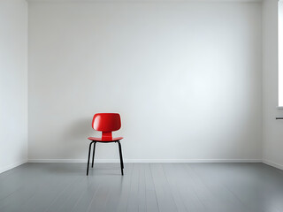 front on view of A red little chair in white empty room. 300dpi. Empty space for text and design.