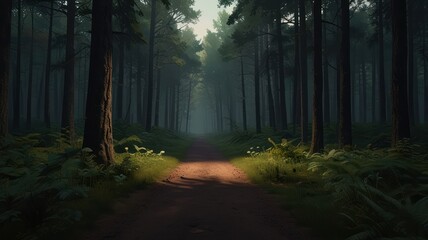 Obraz premium Misty forest path, sunlight through trees.