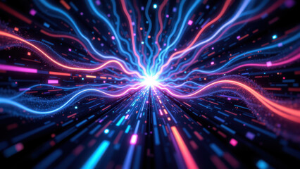 Fototapeta premium Futuristic digital tunnel with vibrant colors and glowing lines, representing a concept of Retrieval Augmented Generation (RAG).