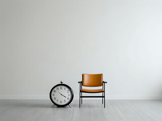Minimal deadline and running out of time concept. chair and clock in white empty room. 300dpi. Empty space for text and design.
