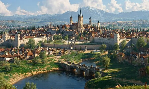 Medieval Cityscape: A picturesque, storybook town nestled amidst rolling hills and a winding river, its medieval architecture and cobblestone streets evoke a sense of timeless charm and history.  