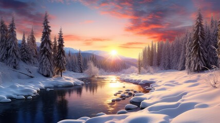 winter hypnotizing landscape. A snow-covered forest with a river and mountains in the distance. A bright saturated red sunset is reflected in the river.