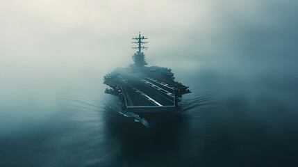 A U.S. Navy aircraft carrier steaming through misty waters with its deck bustling with activity.