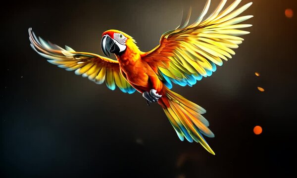 Scarlet Macaw in Flight: A vibrant scarlet macaw takes flight against a dark background, its wings spread wide, showcasing its brilliant plumage.