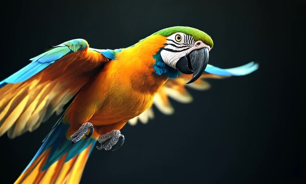 Macaw in Flight: A vibrant blue and gold macaw takes flight against a dramatic black background, its wings outstretched, its gaze intense. The image is a study in motion, color.