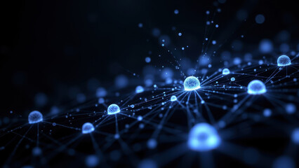 An artistic representation of RAG, Retrieval Augmented Generation with interconnected blue nodes.