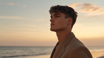 A young man of European descent in a Mocha Mousse-colored blazer, standing on a quiet beach at dawn, gazing out at the ocean, peaceful and serene mood, the soft light of the morning sky