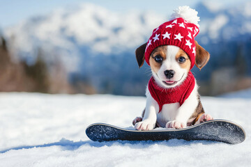 Cute smiling puppy wearing festive red hat white stars sitting snowboard snow playful seasonal charm Christmas card designs joyful winter memories family golden retriever corgi dog pet sport happy