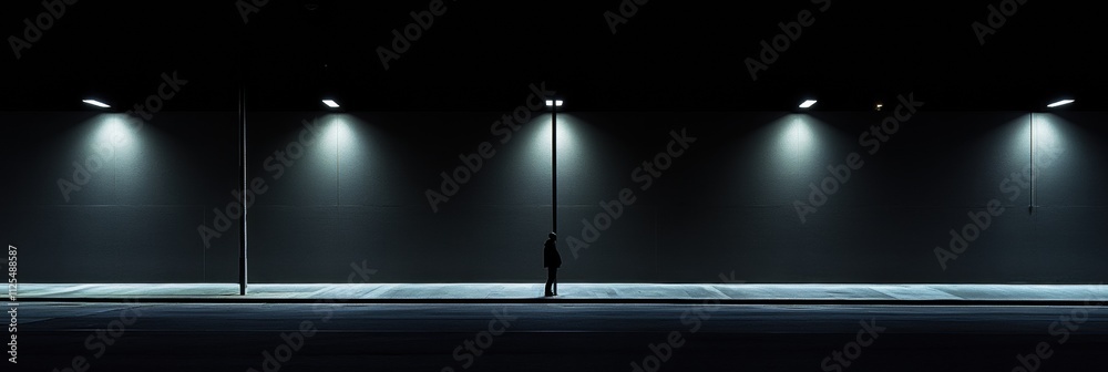 Aufkleber a solitary figure stands still on a dark, empty street at night, bathed in the soft glow of streetli