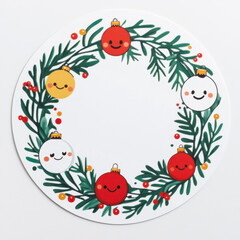 Fototapeta premium Festive holiday wreath design with smiling ornaments and green pine branches, creating a cheerful and vibrant decoration on a white background.