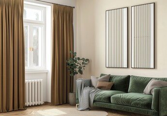 Minimalist living room interior with a green velvet sofa. a throw blanket. and two vertical paintings