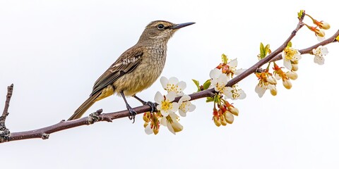 Fototapeta premium Bird perched on flowering branch, clear skies