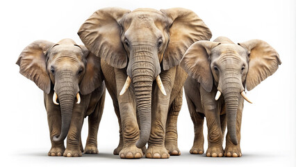 Fototapeta premium A group of three elephants stands side by side, displaying their large ears and tusks. Their strong, dominant posture highlights their majesty in a serene environment
