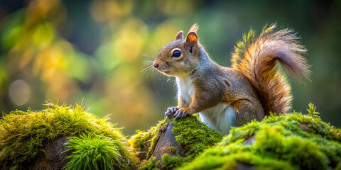 Obraz premium A curious squirrel stands on moss-covered rocks, surrounded by lush greenery and soft, diffused light. The scene captures the tranquility of nature in late afternoon
