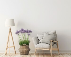 A cozy living room with a comfortable armchair. a floor lamp. and a potted plant against a white wall
