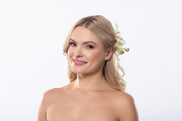 An Elegant Portrait of a Beautiful Woman with a Flower Gracefully Placed in Her Hair
