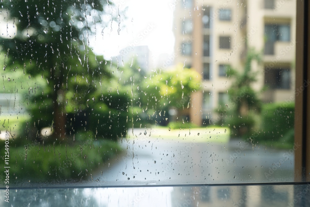Aufkleber raindrops cling to a window, providing a soft blur to the view of a quiet street surrounded by lush 