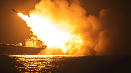 A U.S. Navy destroyer firing a Tomahawk missile during a live-fire exercise.