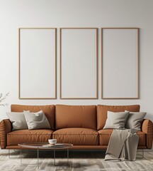 Modern living room interior with a brown sofa and three empty frames on the wall
