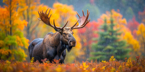 A large moose is foraging in a vibrant forest during autumn. The landscape is filled with colorful foliage, while gentle rain adds to the serene atmosphere