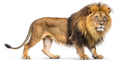 Obraz premium A powerful lion strides confidently, showcasing its magnificent mane and muscular build. The animal stands in a natural pose under bright daylight, embodying strength and grace
