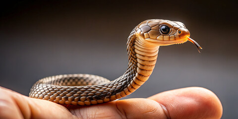 Fototapeta premium A person gently holds a snake in their hand, showcasing its unique patterns and calm demeanor. The setting features a soft-focus background, enhancing the snake's beauty