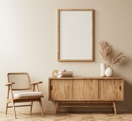 A modern living room with a wooden chair. a cabinet. a vase. and a framed picture on the wall