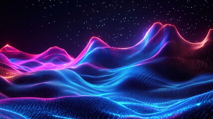 Obraz premium Surreal landscape with neon pink sun over textured mountains and reflective water, blending retro-futuristic and sci-fi aesthetics in vibrant colors.