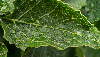 Fototapeta premium Water drop on green leaf, macro view