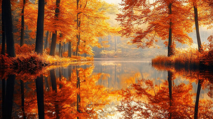 Reflection of an autumn forest on a still lake surrounded by trees.