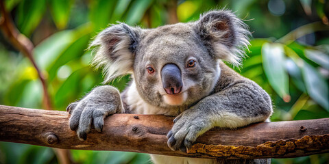 Obraz premium A koala is comfortably resting on a branch, surrounded by vibrant green leaves. Its calm expression and distinctive features make it a charming sight in its natural habitat