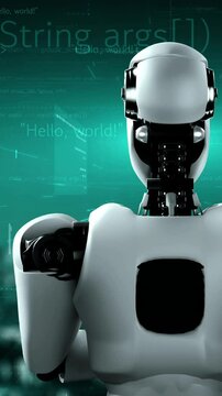 Futuristic robot artificial intelligence huminoid AI programming coding technology development and machine learning concept. Robotic bionic science research for future of human life. 3D rendering.