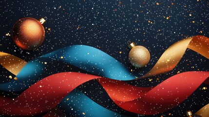 Fototapeta premium A cheerful New Year backdrop featuring bold red and blue curves, golden Christmas ornaments, and snow falling softly in a dark festive space